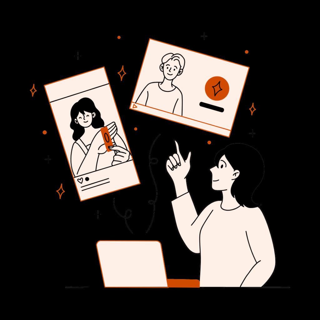 Illustration d’une femme créant du contenu visuel pour son personal branding, avec des images de profil et de réseaux sociaux flottant autour d’elle.